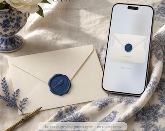 French Toile Wedding Website with RSVP, Interactive Wedding Invitation, Animated Digital Wedding Invitation, Chinoiserie Blue Save the Date