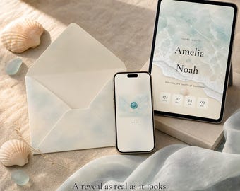 Coastal Wedding Website with RSVP, Interactive Wedding Invitation, Animated Digital Wedding Invitation, Aqua Seashell Beach Save the Date