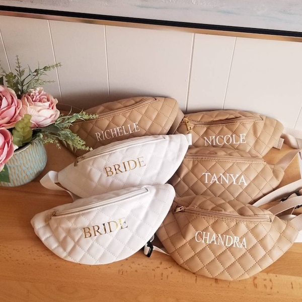 Bridesmaid Gift, Fanny Pack Personalized Bachelorette Party, Custom Name Quilted Fanny Pack, Beach Bride Babe Gift, Bridal Shower