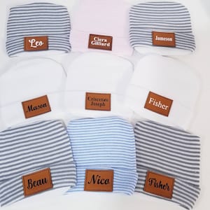 Hospital Baby Boy Newborn Hat, Personalized Newborn Baby Boy Girl Hat, Name or Initial Beanie, Leather Patch Custom Hat, Baby Shower Gift
