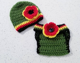 Rasta baby girl diaper cover and hat set, 0-3M Photo prop, baby girl shower gift