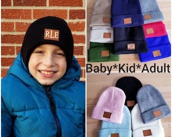 Kids Boy Girl Personalized Hat, Infant Toddler Kids Adult Name or Initial Beanie, Leather Patch Custom Hat