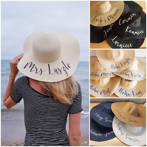 Personalized straw hat, large brim straw sun hat, Bride Beach Hat, Custom Name Summer Hat, bridesmaid proposal gift, birthay gift