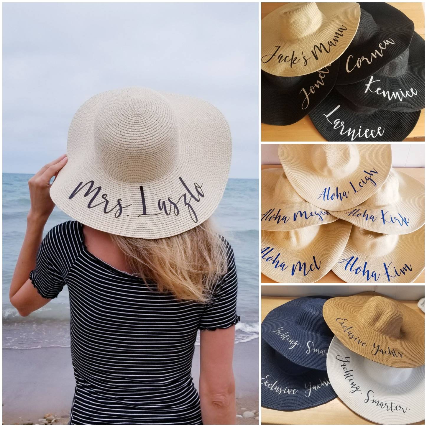 Personalized Straw Hat, Large Brim Straw Sun Hat, Bride Beach Hat
