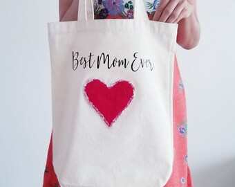 Best Mom Ever Tote Bag,Heart Glitter Tote Bag, Shoulder Bag, Natural Canvas Tote, Mother's Day Gift