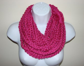 hot pink crochet infinity scarf, chain scarf, boho scarf, rope circle scarf, indie scarf, eternity scarf, crochet infinity scarf, knit cowl