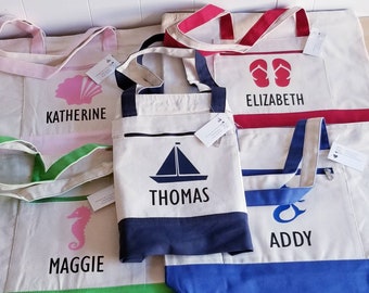 Canvas Zippered Pool Bag, Personalized Kids Beach Tote Bag, Full Gusset Canvas Tote with Name, Gift for Kids, Adult Pool tote 17Wx14Hx4D