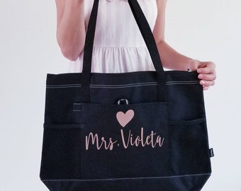 Personalized Tote Bag with Pockets, Teacher Tote bag, Gift for Teacher, Colleagues, Graduation, Gift for Mom, Gift for Bride