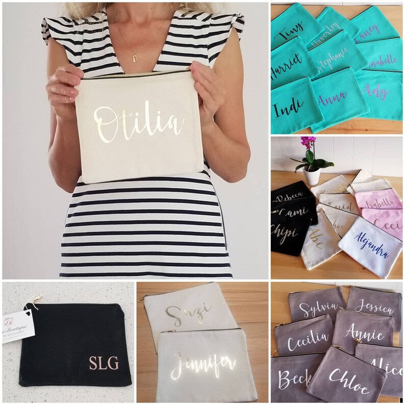 May include: A collection of personalized cosmetic bags in various colors and fabrics. The bags feature names like Otilia, Szi, Jennifer, Sylvia, Jessica, Cecilia, Annie, Beck, Chloe, and Alica. The bags are perfect for storing makeup, toiletries, or other small items.