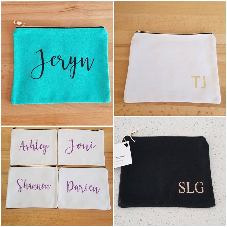 May include: Five personalized zippered pouches in various colors. The pouches are made of canvas and have a black zipper. The pouches are personalized with names and initials in different colors. The pouches are a great way to organize your belongings.