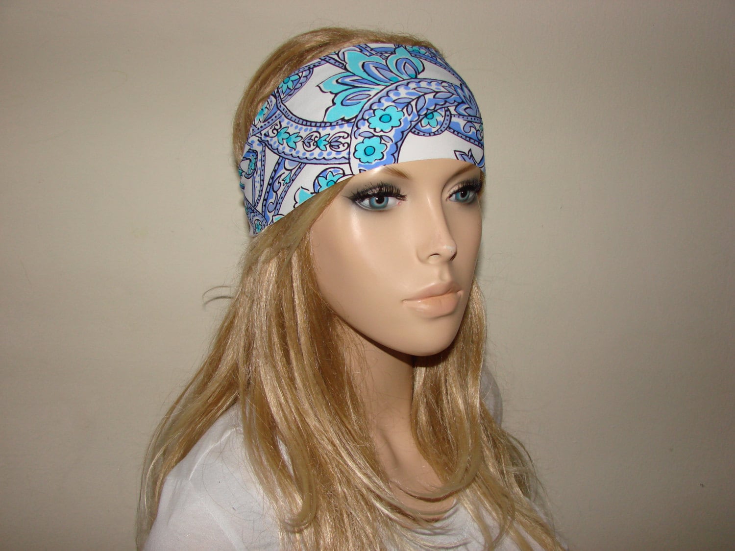 Yoga headband paisley turban headband blue white workout | Etsy