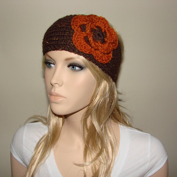 Wolle Kastanien Braun rost Blume Strick Stirnband, orangefarbene Blume h&auml;keln Stirnband, Boho Headwrap, Ski Earwarmer Herbst Winter Frau Weihnachtsgeschenk