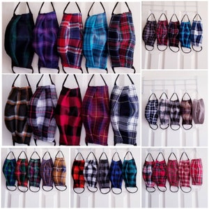 Adult Plaid shirting flannel cotton adults face mask grey black mask, reusable washable mask made in USA, tartan plaid face covering