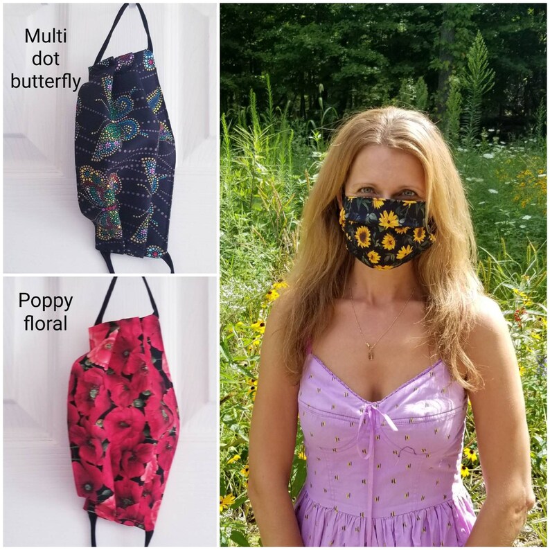 Multicolor black floral face mask made in USA, Adult travel mask, washable reusable cotton mask image 9