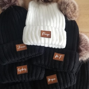 Adult Personalized Hat, Bachelorette Party Beanie,Groom Bride Tribe Babe or Initial Beanie, Leather Patch Hat, Winter Bridesmade Groomsmen