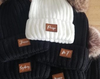 Adult Personalized Hat, Bachelorette Party Beanie,Groom Bride Tribe Babe or Initial Beanie, Leather Patch Hat, Winter Bridesmade Groomsmen