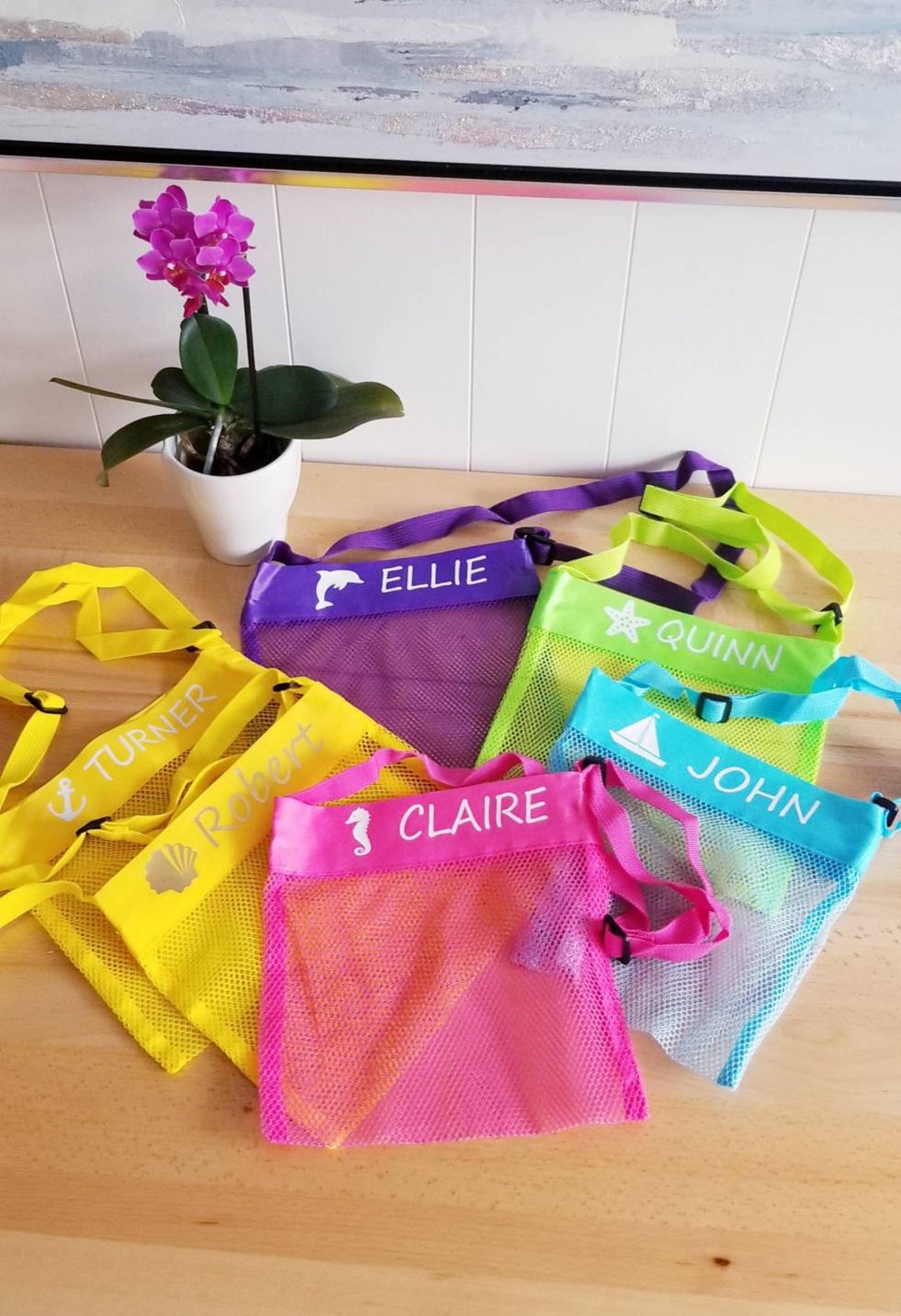 Personalized Seashell Mesh Tote Seashell Collection Bag Etsy