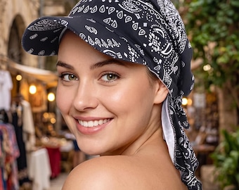 Cappello/sciarpa da donna con visiera a tesa larga, turbante pre-annodato, berretto da baseball leggero e traspirante con bandana, copricapo con protezione UV