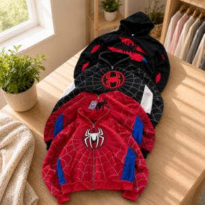 Sudadera con capucha y cremallera estilo vintage de araña para hombre - Chaqueta estilo streetwear gótica de patchwork extragrande