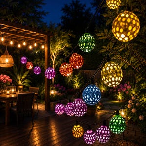 Può includere: Una catena di luci sferiche per esterni con un design traforato che proietta una luce a motivi. I globi sono di colore giallo, verde, rosso, blu e viola, sospesi su un filo scuro sopra una terrazza in legno.