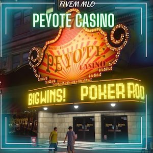 Puede incluir: Una representación digital del exterior del Peyote Casino con un gran letrero iluminado con patrones de rayos de sol rojos y amarillos. Una pantalla LED amarilla debajo muestra BIGWINS! POHER ROD. Dos figuras se encuentran frente a las puertas de cristal.