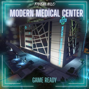 May include: A digital rendering of a modern medical center building featuring a geometric facade, illuminated signage reading "ROCKFORD MEDICAL CENTER" and "HOSPITAL," and exterior lighting. The text "FIVEV MLO" and "GAME READY" is overlaid.