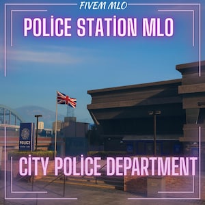 May include: A digital rendering of a police station building featuring a dark gray facade, a blue sign labeled POLICE, and a British flag on a pole. The text FIVE MLO, POLICE STATION MLO, and CITY POLICE DEPARTMENT are overlaid in light purple.