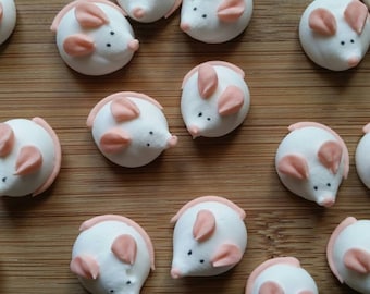 1 docena de ratones blancos con glaseado real / Ratones de azúcar / Ratones de fondant / Decoraciones comestibles para pasteles / Adornos para cupcakes