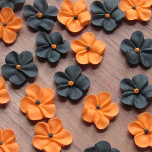 Made to order | 2 dozen 3/4 inch black and orange Halloween royal icing flowers | Sugar flowers fondant flowers | Halloween cake decorations