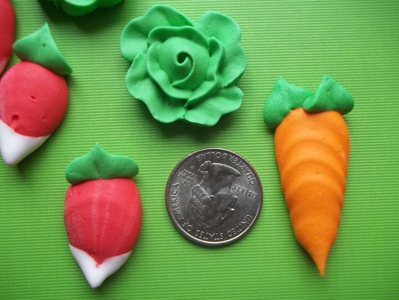 1 dozen large royal icing vegetables 1 inch 12 pieces Carrot, lettuce, radish Edible handmade cupcake toppers image 3