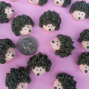 Puede incluir: Una colecci&oacute;n de peque&ntilde;os caramelos decorativos con forma de erizo, con espinas de glaseado verde oscuro y caras de color rosa claro. Se incluye una moneda para comparar el tama&ntilde;o, todo dispuesto sobre una superficie de color p&uacute;rpura claro.