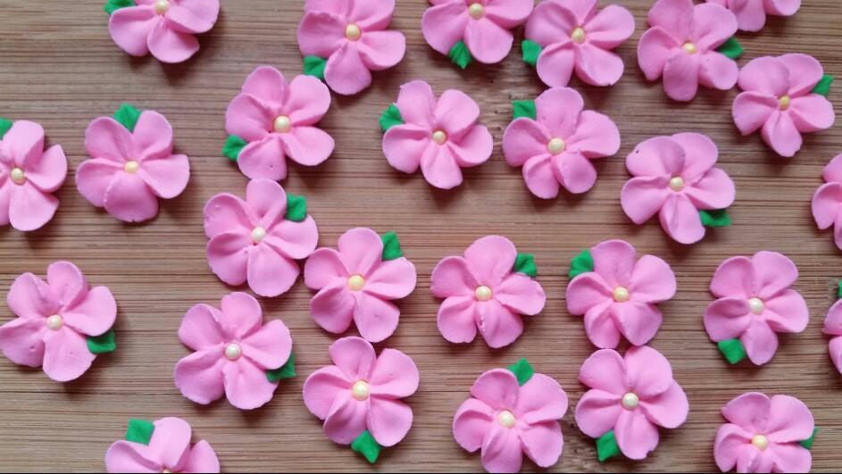 Small pink royal icing flowers with attached leaves Made to Etsy