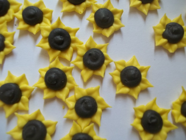 2 dozen royal icing sunflowers Sugar flowers fondant flowers Edible cake decorations Cupcake toppers image 3