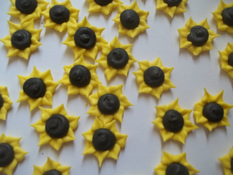 2 dozen royal icing sunflowers Sugar flowers fondant flowers Edible cake decorations Cupcake toppers image 1