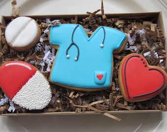 Nurse Appreciation Cookie Gift Box | 4 cookies | Decorated sugar cookies | Thank you gift | Unique gifts | Medical cookies | Nurses gift