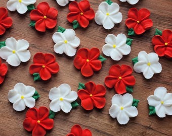 Made to order | 2 dozen white and red royal icing flowers with leaves | 24 pieces | 3/4 inch | Sugar flowers | Christmas cake decorations