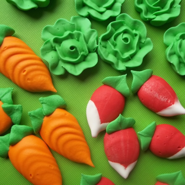 1 dozen large royal icing vegetables | 1 inch | 12 pieces | Carrot, lettuce, radish | Edible handmade cupcake toppers
