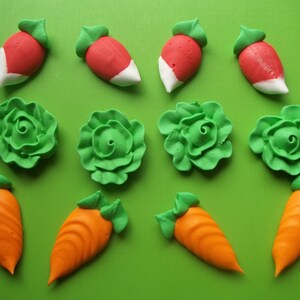 1 dozen large royal icing vegetables 1 inch 12 pieces Carrot, lettuce, radish Edible handmade cupcake toppers image 2