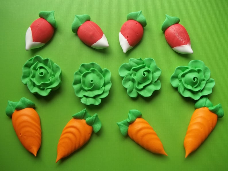 1 dozen large royal icing vegetables 1 inch 12 pieces Carrot, lettuce, radish Edible handmade cupcake toppers image 2
