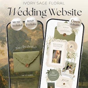 Peut inclure: Un modèle de site web de mariage de 5 pages avec des motifs floraux ivoire et sauge. L'interface numérique inclut le suivi des RSVP, de la musique et un compte à rebours. L'écran affiche une enveloppe, des photos et des textes comme 'William & Eleanor', 'You Are Invited' et 'The Details' modifiables sur Canva.