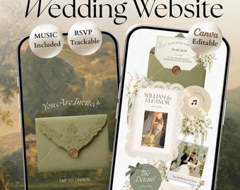Sage & Ivory Wedding Website Template with RSVP, Countdown and Music: Classic Floral Envelope Digital Invitation