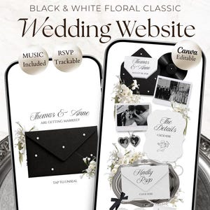 May include: A 5-page black and white floral classic wedding website template editable in Canva. The digital interface displays an envelope with pearls, wedding photos, a countdown timer, and RSVP tracking features for Thomas and Anne.