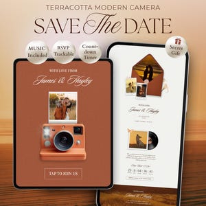 May include: A digital Save The Date template featuring a terracotta-colored camera graphic, photos of a couple, and text reading "With Love From James & Hayley." The design includes a countdown timer, RSVP tracking, and music integration for mobile devices.