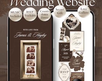 Brown Photo Booth Wedding Website Template | Old Money Digital Wedding Invitation with RSVP, Countdown and Music | Instant Download