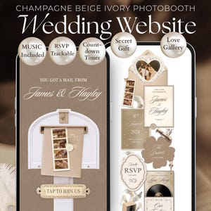May include: A champagne beige and ivory wedding website template displayed on two mobile screens. The design features a mailbox graphic, photo strips, and interactive buttons labeled Music Included, RSVP Trackable, Countdown Timer, Secret Gift, and Love Gallery.