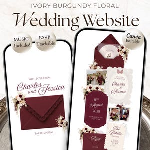 Burgundy & Ivory Vintage Floral Wedding Website Template with RSVP, Music and Countdown Timer: Canva Editable Template (Digital Download)