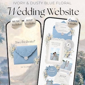 May include: A 5-page Canva editable wedding website template featuring ivory and dusty blue floral designs. The mobile interface displays an invitation with a blue envelope, RSVP tracking, music, and a countdown timer for the event date.