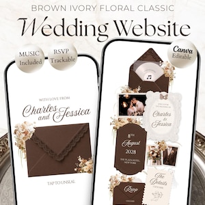 May include: A digital wedding website template displayed on two smartphone screens featuring a brown and ivory floral theme. The interface includes sections for Charles and Jessica, an RSVP tracker, music, and event details for August 8th, 2028.