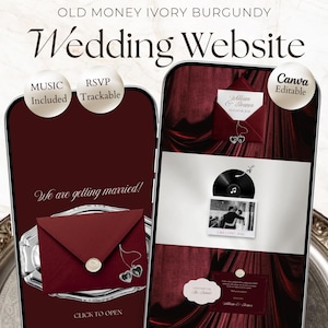 May include: A digital wedding website template in an ivory and burgundy colour scheme, displayed on two smartphone screens. The interface features text including "Old Money Ivory Burgundy Wedding Website," "We are getting married!," and "Click to open," alongside graphics of envelopes, a vinyl record, and event details.