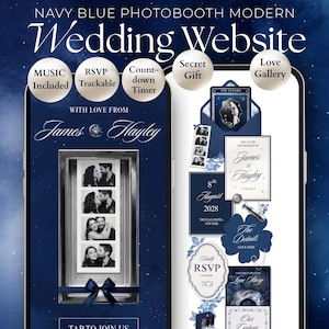 Può includere: Un modello di sito web per matrimoni moderno in blu navy, modificabile su Canva e composto da 6 pagine. L'interfaccia include una striscia di fototessere, tracciamento RSVP, musica, un conto alla rovescia e una galleria interattiva con il testo James & Hayley.